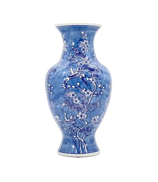 14" Blue & White Crane & Flowers Chinoiserie Ceramic Vase
