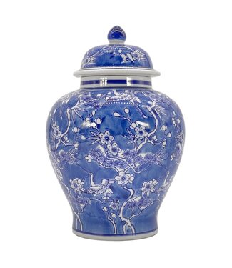 12" Blue & White Floral Crane Chinoiserie Ceramic Ginger Jar