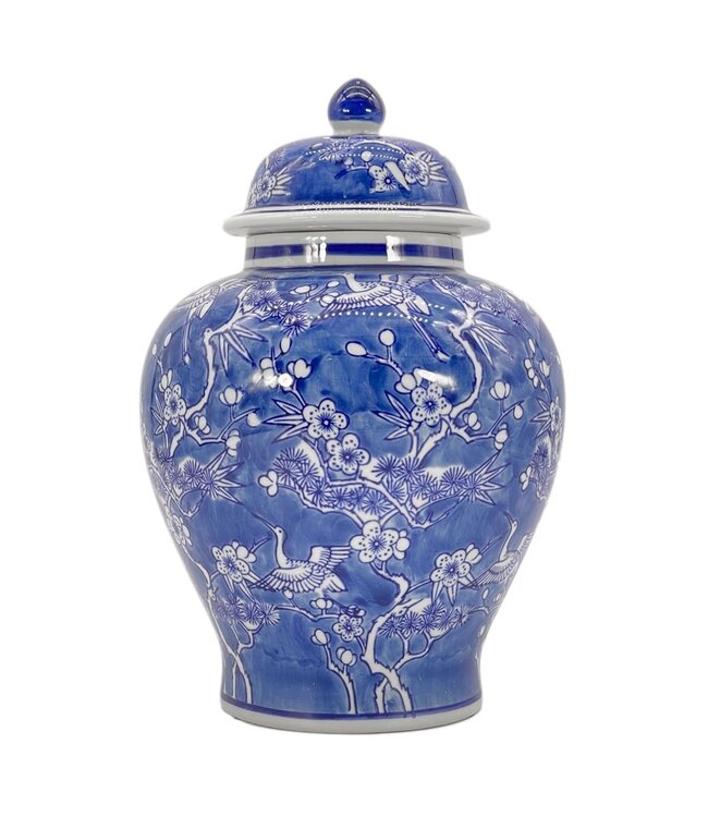 12" Blue & White Floral Crane Chinoiserie Ceramic Ginger Jar