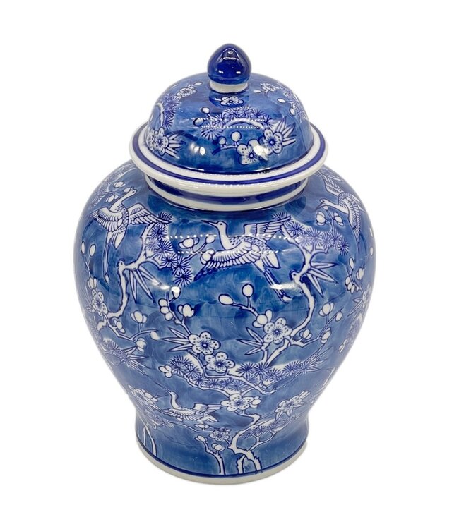 12" Blue & White Floral Crane Chinoiserie Ceramic Ginger Jar