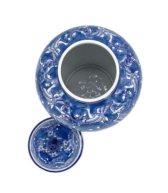 12" Blue & White Floral Crane Chinoiserie Ceramic Ginger Jar