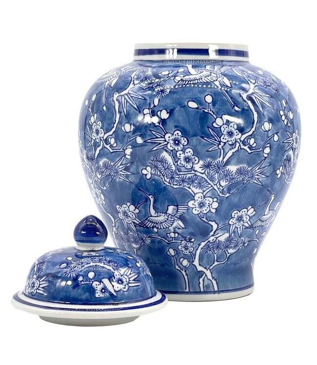 12" Blue & White Floral Crane Chinoiserie Ceramic Ginger Jar