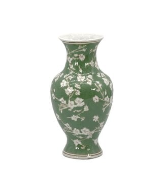 14" Ceramic Chinoiserie Vase Green & White Sakura