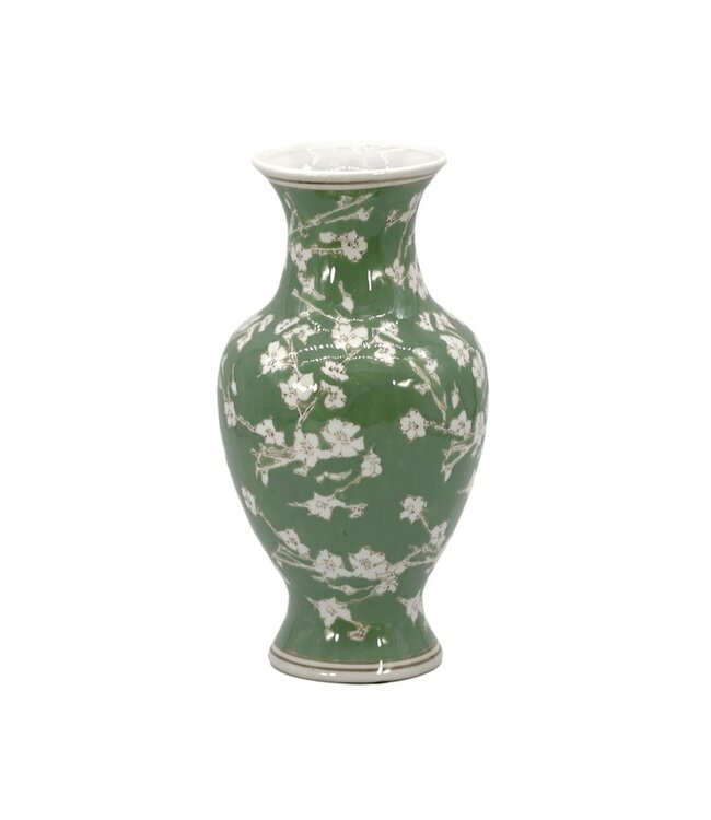 14" Ceramic Chinoiserie Vase Green & White Sakura