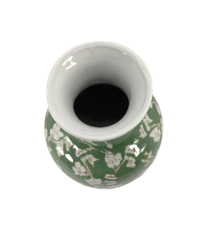 14" Ceramic Chinoiserie Vase Green & White Sakura