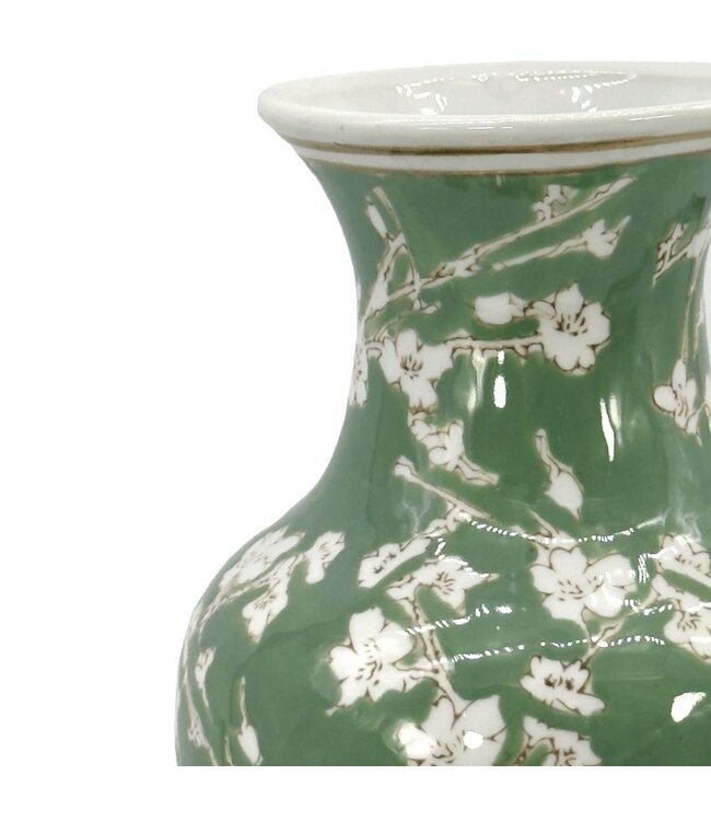 14" Ceramic Chinoiserie Vase Green & White Sakura