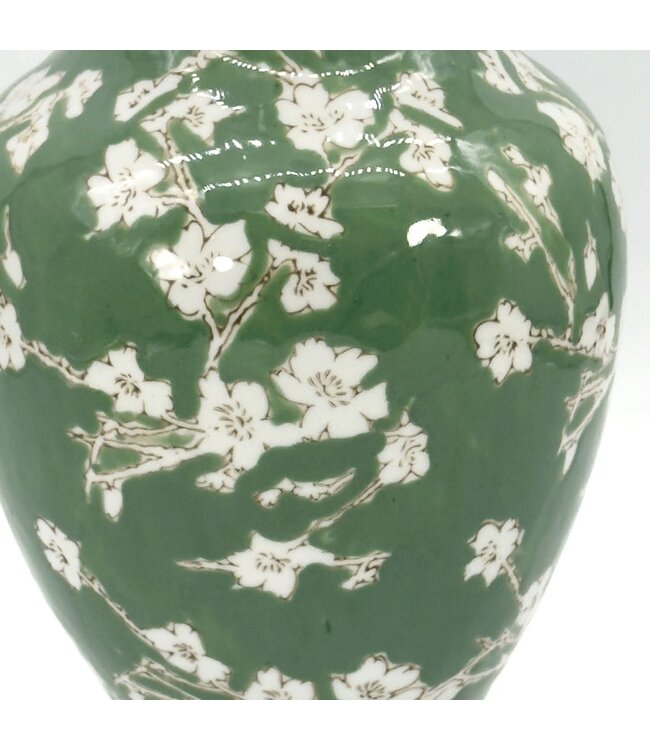 14" Ceramic Chinoiserie Vase Green & White Sakura