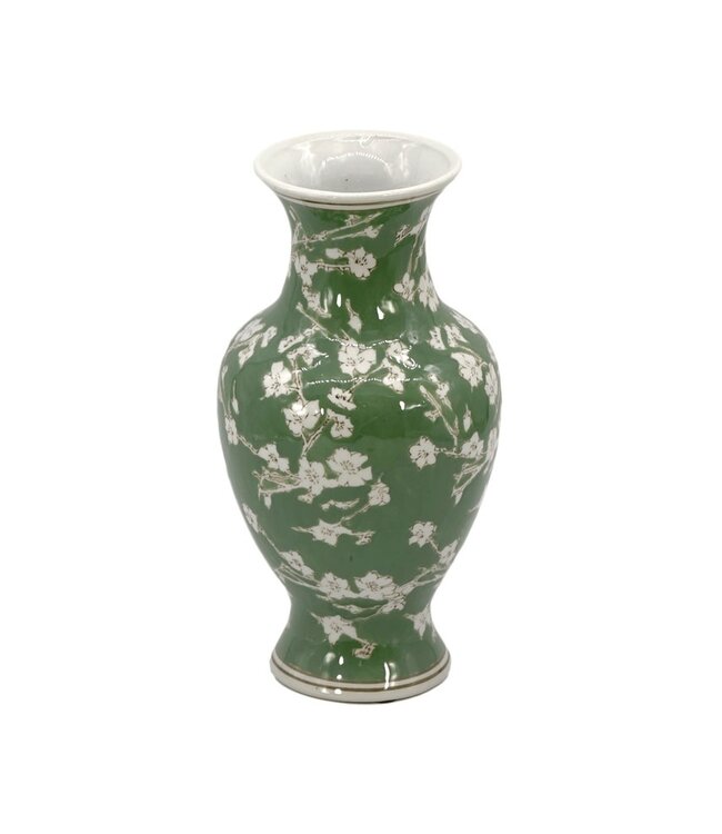 14" Ceramic Chinoiserie Vase Green & White Sakura