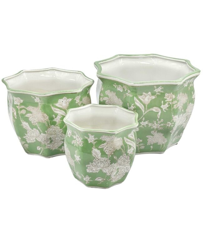 Ceramic Chinoiserie Planter Pot Green & White - Sold Individually