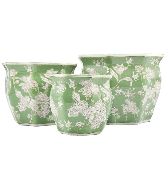 Ceramic Chinoiserie Planter Pot Green & White - Sold Individually