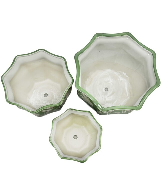 Ceramic Chinoiserie Planter Pot Green & White - Sold Individually