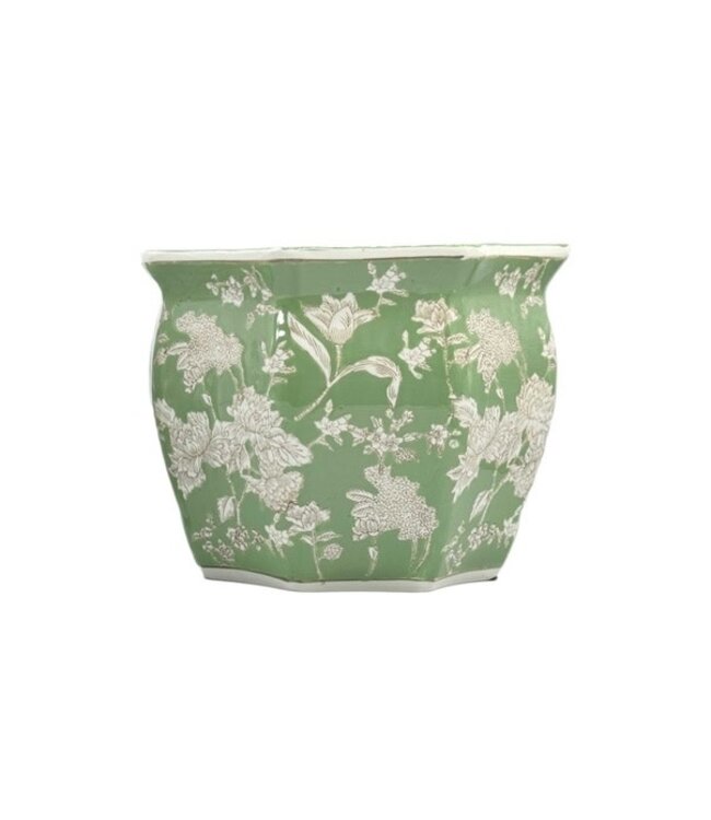 Ceramic Chinoiserie Planter Pot Green & White - Sold Individually