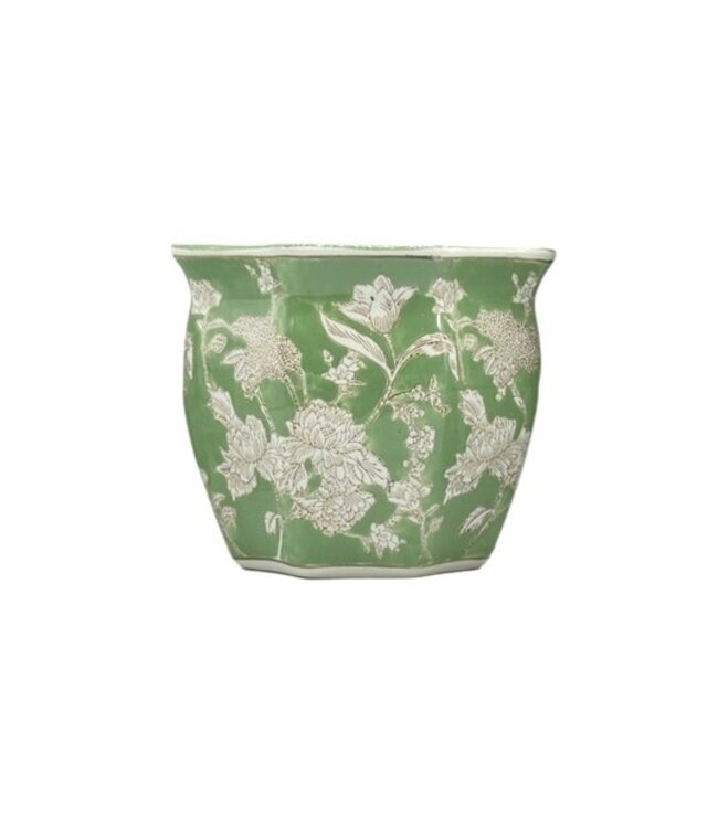 Ceramic Chinoiserie Planter Pot Green & White - Sold Individually