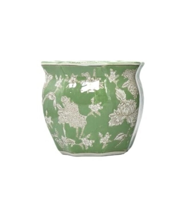 Ceramic Chinoiserie Planter Pot Green & White - Sold Individually