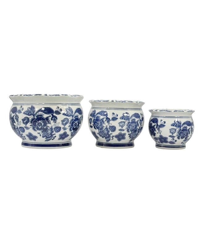 Round Blue & White Ceramic Chinoiserie Planter - Sold Individually