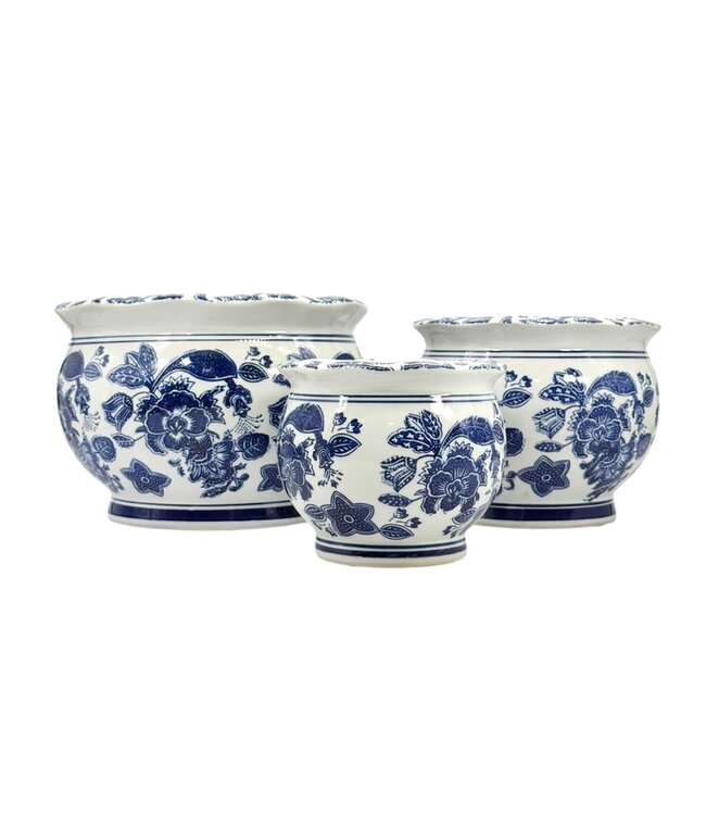 Round Blue & White Ceramic Chinoiserie Planter - Sold Individually