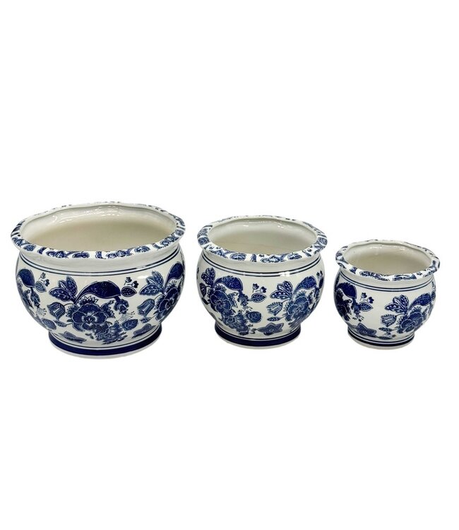 Round Blue & White Ceramic Chinoiserie Planter - Sold Individually