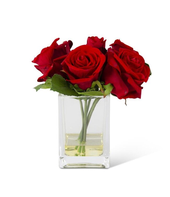8" Real Touch Red Roses in Square Glass Container