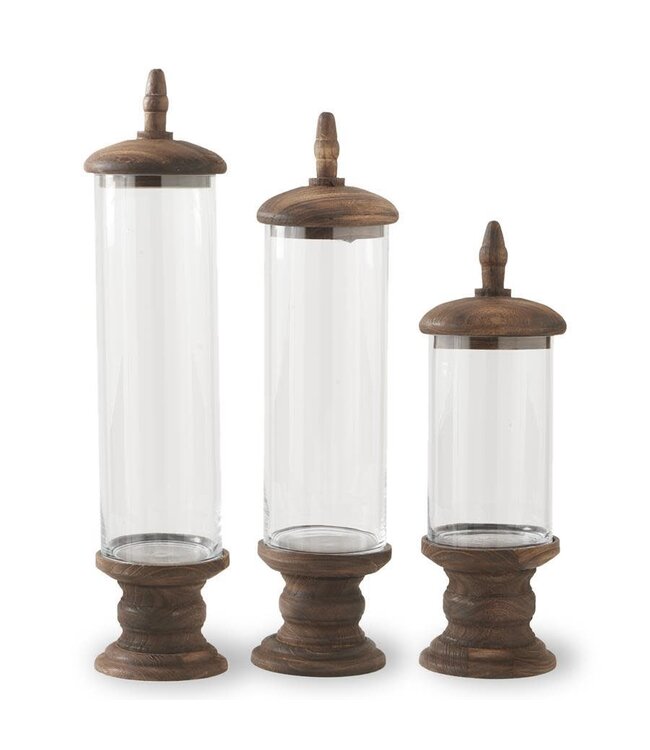 Glass Cylinder Containers With Brown Wood Base Pedestal & Top