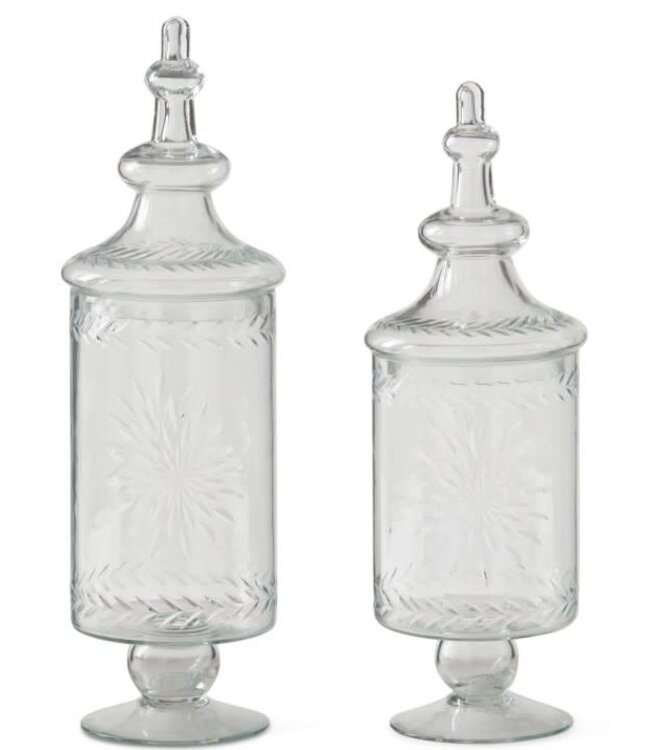 Clear Glass Etched Lidded Apothecary Jar - Sold Individually