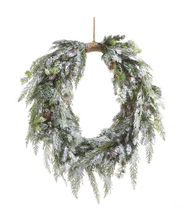 36" Flocked Oval Cedar and Pinecone Wreath
