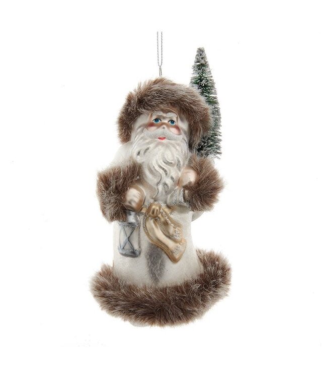Glass Frost Santa With Brown Fur Trim Ornament