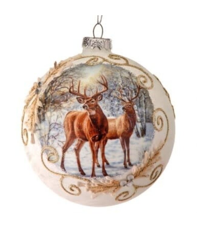 5” Glass Deer with Holly Scroll Ball Ornament
