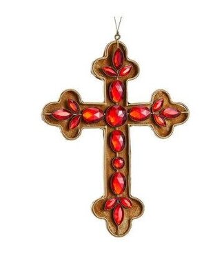 8.75" Rhinestone Cross Ornament Gold Red