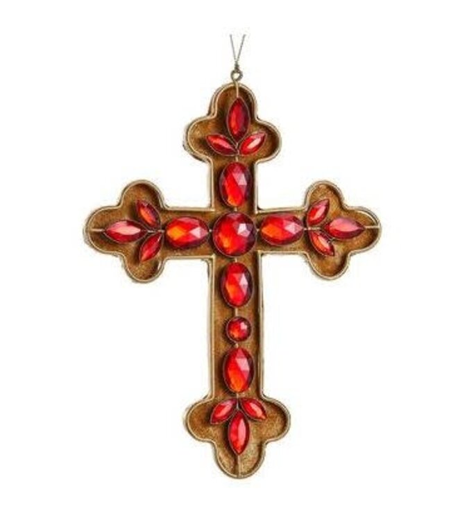 8.75" Rhinestone Cross Ornament Gold Red