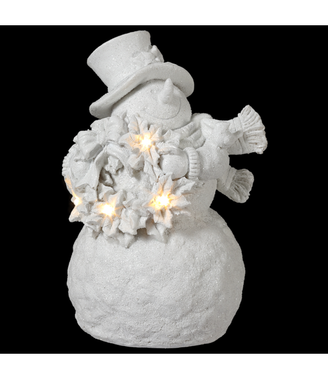 7.75" Battery Operated Snowman Holding A Wreath With Light - White