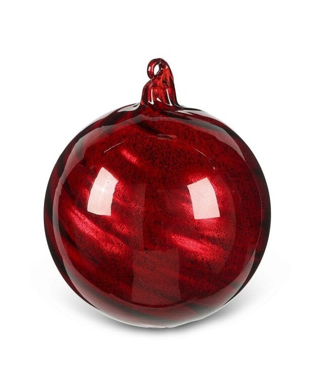 4 Inch Round Red Glass Ornament W/ Ribbon Swirl