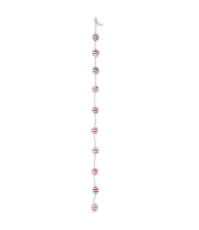 60 Inch Glittered Snowy Red & White Yarn Striped Ball Garland