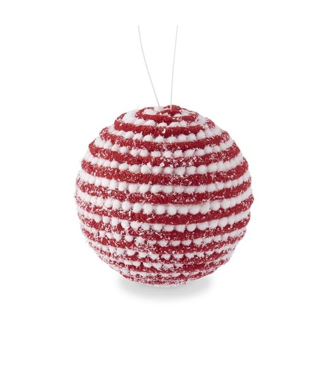 4.75 Inch Glittered Snowy Red & White Yarn Striped Ball Orn