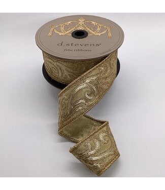 2" x 10yds Metallic Dupion Gold Sequin Scroll, Gold
