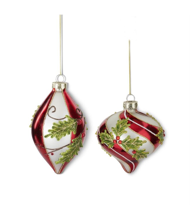 Red & White Vertical Striped Holly Glass Teardrop Ornament