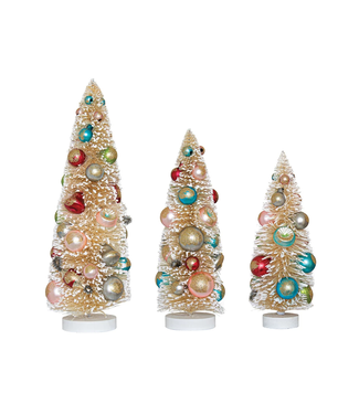 Sisal Bottle Brush Trees with Multi Color Ornaments & Wood Base