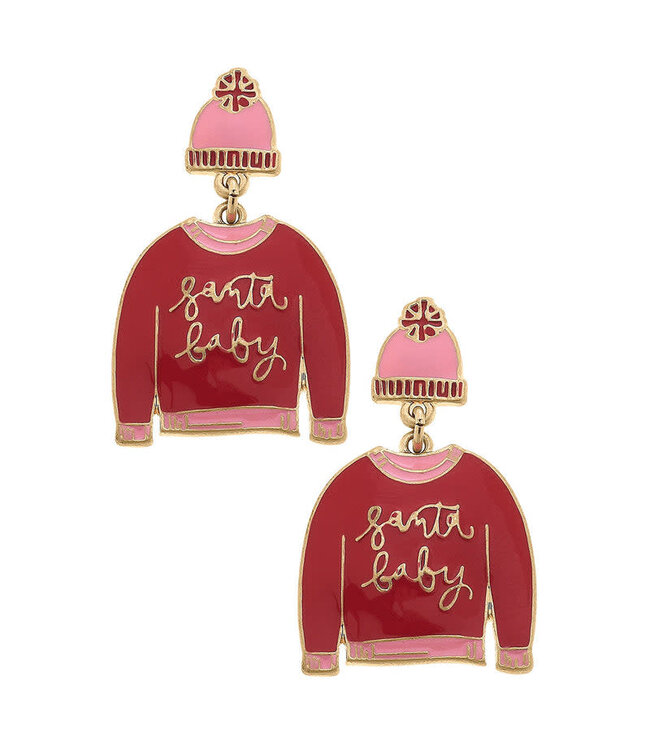Santa Baby Sweater Enamel Earrings - Red & Pink