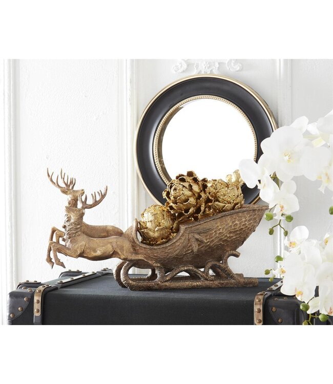 25 Inch Two Resin Deer Pulling Sleigh With Antiqued Gold Finish