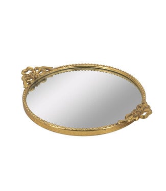 Round Iron Tray with Ornate Gold Frame and Mirrored Surface