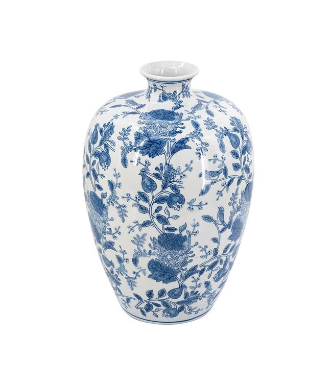 Round Porcelain Vase with Blue White Floral Motifs
