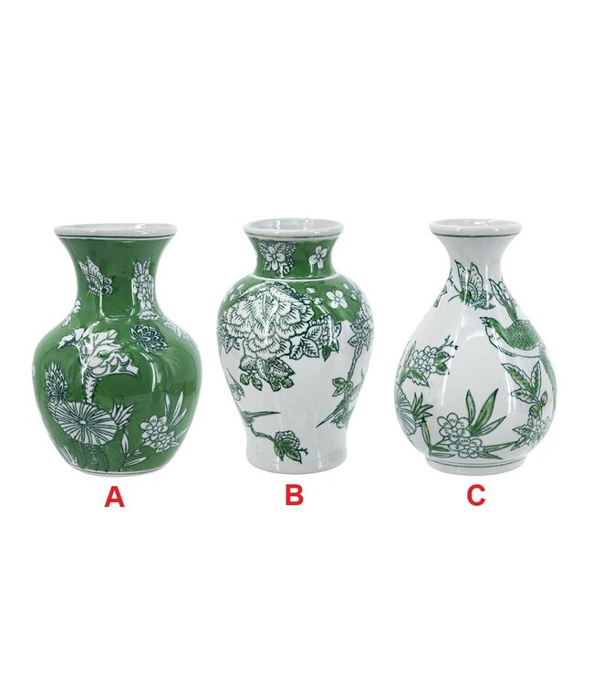 Green & White Porcelain Vase with Nature-Inspired Motifs - Sold Individually