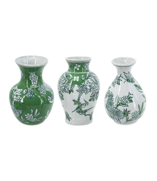 Green & White Porcelain Vase with Nature-Inspired Motifs - Sold Individually