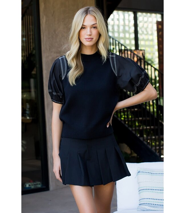 Jane Poplin Puff Sleeve Knit Top