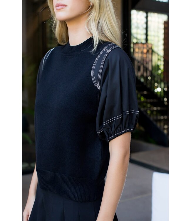 Jane Poplin Puff Sleeve Knit Top