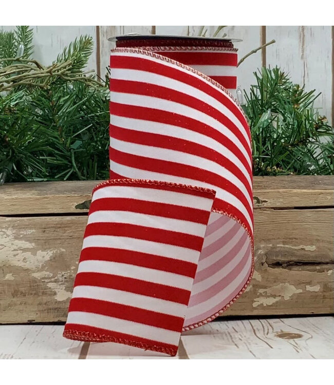 4" x 10" yds Linen Flocked Sparkle Stripe, Red/White