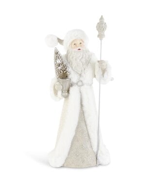 21 Inch Resin White Fur Trimmed Santa Holding Tree & Staff