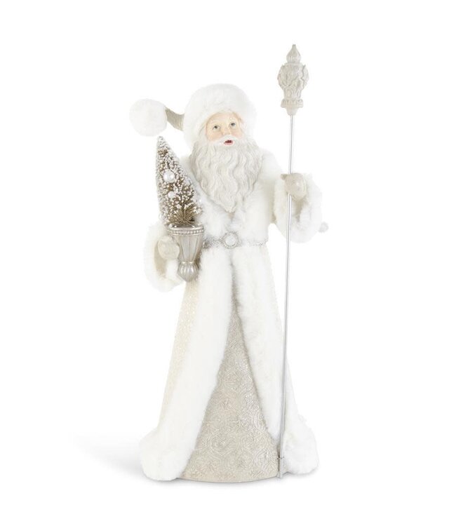 21 Inch Resin White Fur Trimmed Santa Holding Tree & Staff