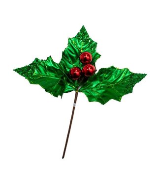 19" Green Holly Leaf With Red Berry Pick