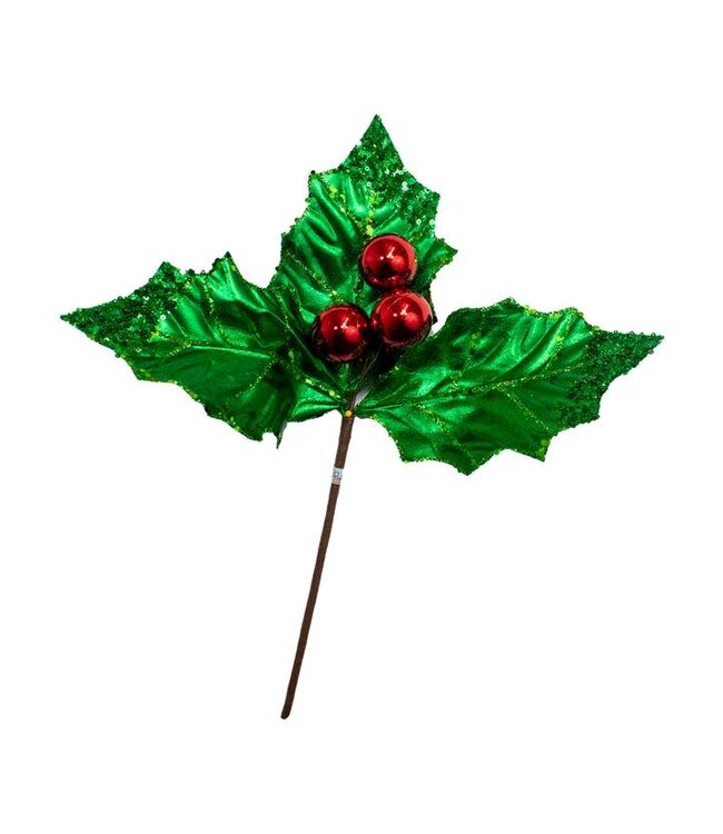 19" Green Holly Leaf With Red Berry Pick