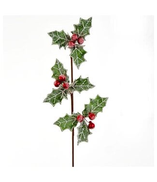 Glittered Holly With Red Berries Pick